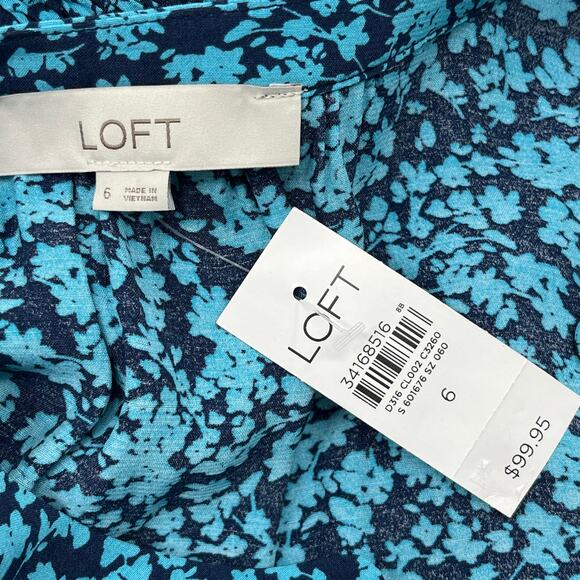 LOFT Blue Long Sleeve Lightweight Floral Button Front Flowy V Neck Shirt Dress 6 - Picture 6 of 9